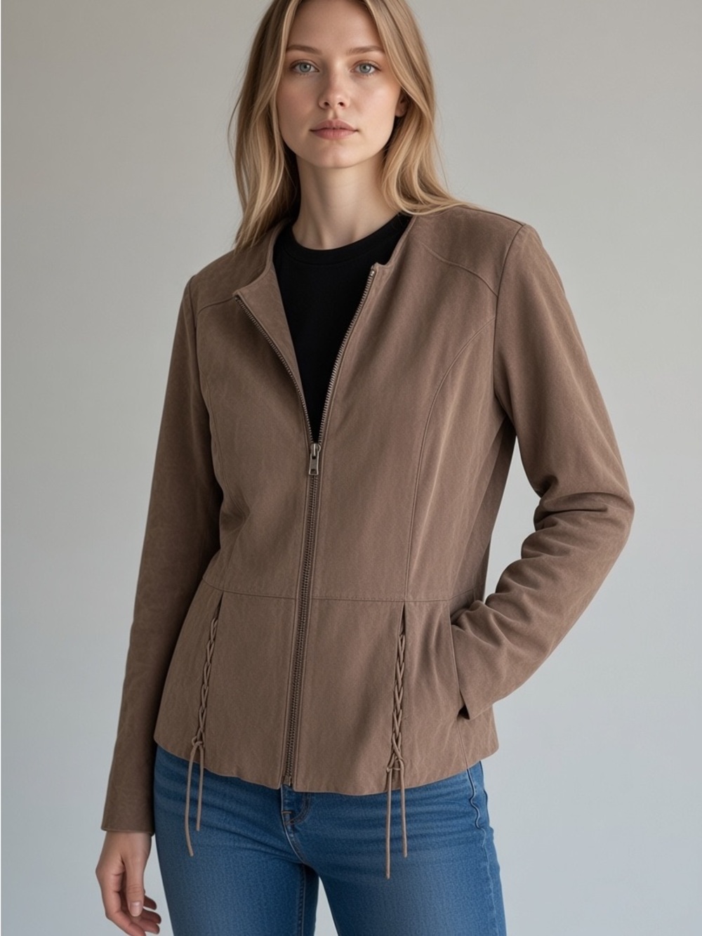 KUT from the Kloth Taupe Faux Suede Peplum Zip Front Jacket